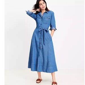 LOFT chambray belted midi pocket shirt dress